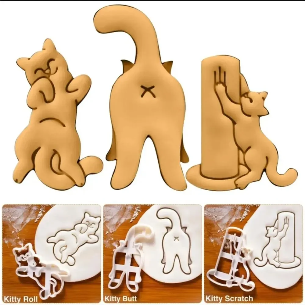 Cat shaped cookie cutter set, kitty butt, scratching post, and belly up molds
